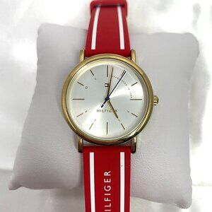 Tommy Hilfiger Mens Gold-Tone White Dial Red Silicone Strap Watch